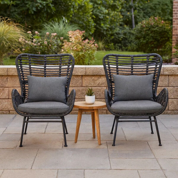 Slay Outdoor Accent Chair Set of 2, 25 Inch, Gray Woven Rattan, Iron Legs