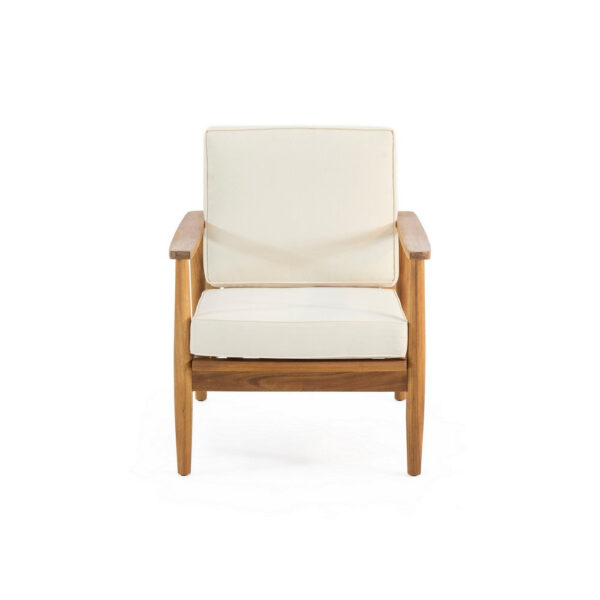 Accent Club Chair, Ivory Fabric Cushions, Brown Acacia Wood Frame