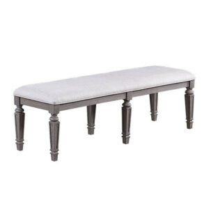 Winie Dining Bench with Turned Legs, 64 Inch Gray Wood and Fabric