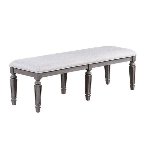 Winie Dining Bench with Turned Legs, 64 Inch Gray Wood and Fabric