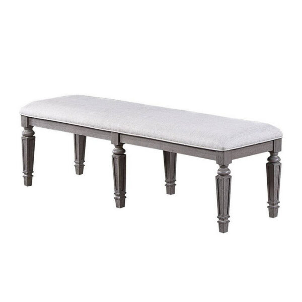 Winie Dining Bench with Turned Legs, 64 Inch Gray Wood and Fabric
