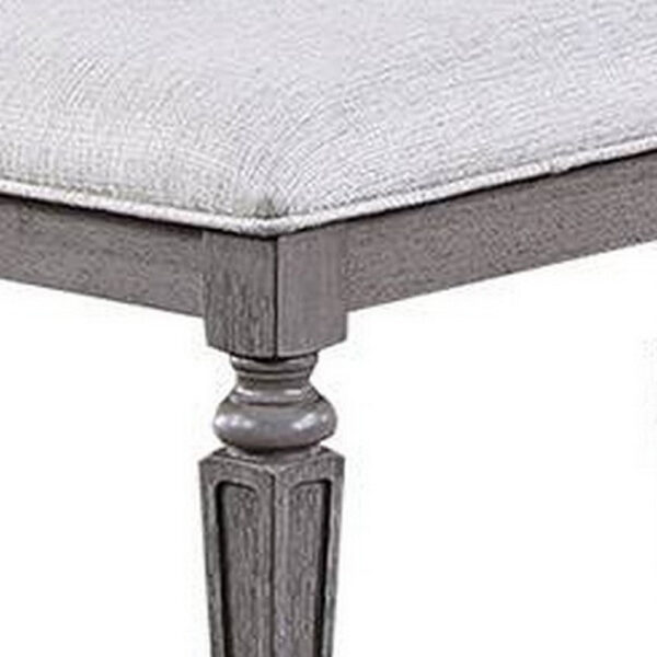 Winie Dining Bench with Turned Legs, 64 Inch Gray Wood and Fabric