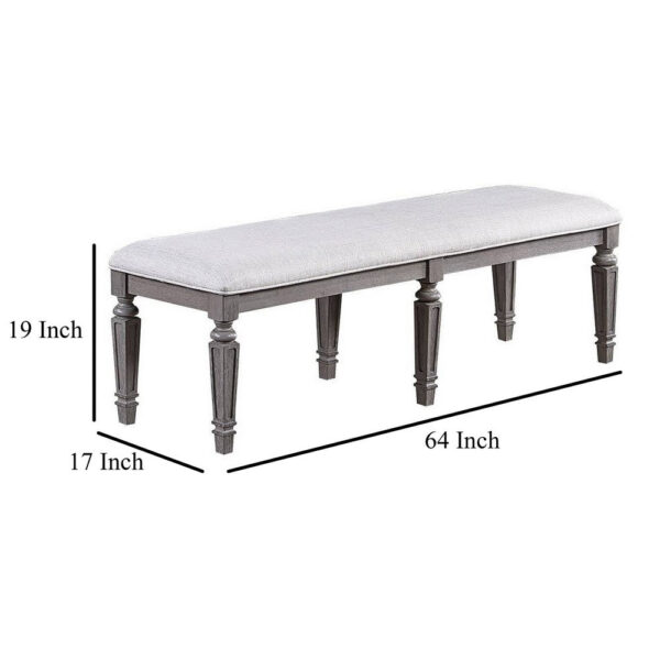 Winie Dining Bench with Turned Legs, 64 Inch Gray Wood and Fabric