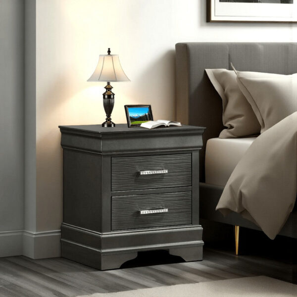 Jean Nightstand, 2 Drawers, Curved Frame, 24 Inch Dark Gray Solid Wood