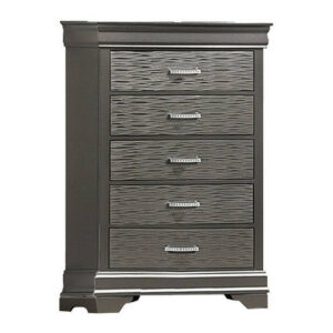 Jean Tall Dresser Chest, 5 Drawers, Chrome, Dark Gray Solid Wood