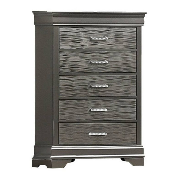 Jean Tall Dresser Chest, 5 Drawers, Chrome, Dark Gray Solid Wood