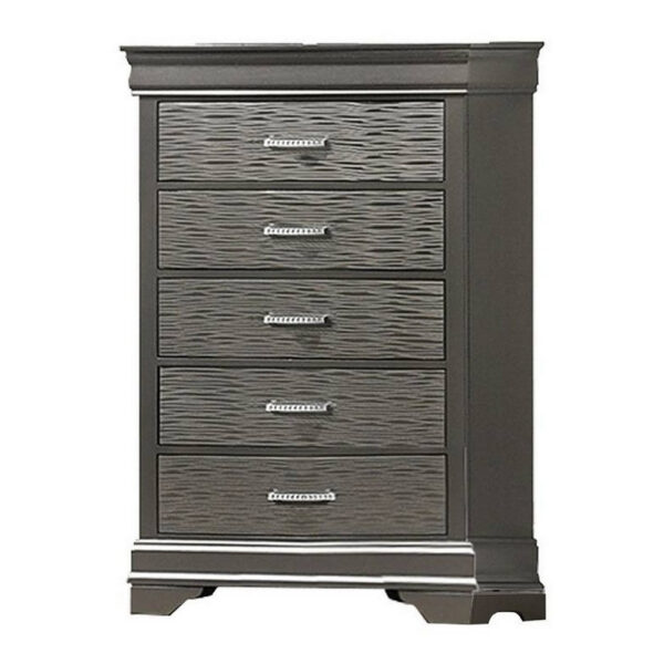 Jean Tall Dresser Chest, 5 Drawers, Chrome, Dark Gray Solid Wood
