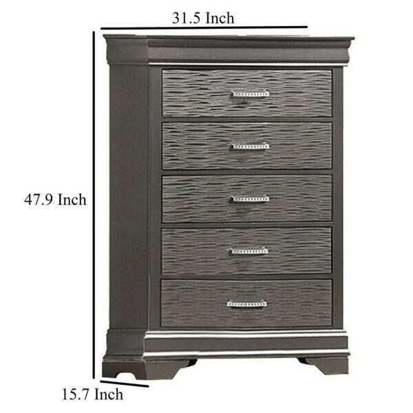 Jean Tall Dresser Chest, 5 Drawers, Chrome, Dark Gray Solid Wood