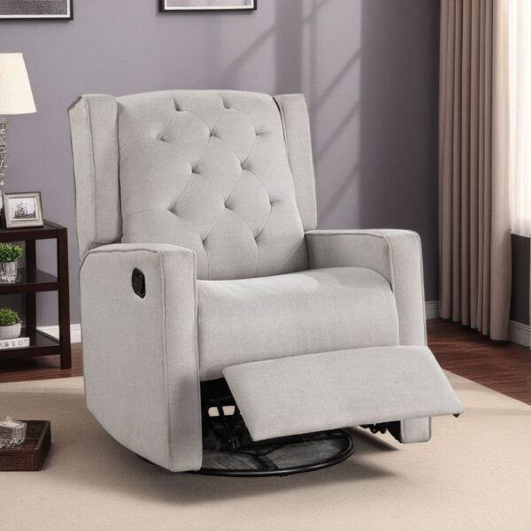 Manie Swivel Glider Manual Recliner, Solid Wood, Light Gray Burlap