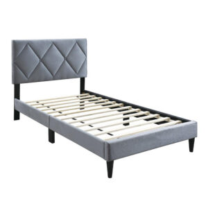 Lilian Twin Size Bed, Tufted Gray Velvet Upholstery, Diamond Stitch