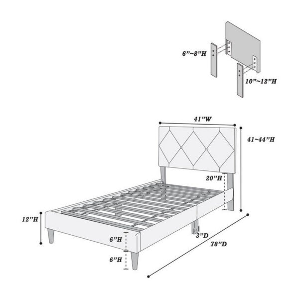 15022026699204a41f8b8.jpeg Lilian Twin Size Bed, Tufted Gray Velvet Upholstery, Diamond Stitch