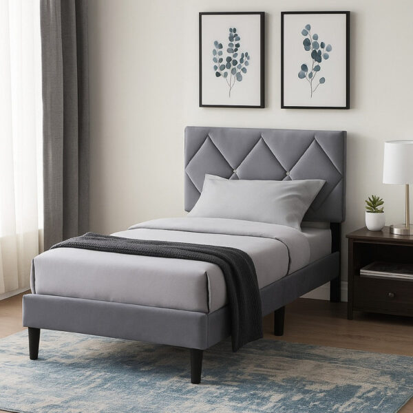 15022026699204a78cc4a.jpeg Lilian Twin Size Bed, Tufted Gray Velvet Upholstery, Diamond Stitch