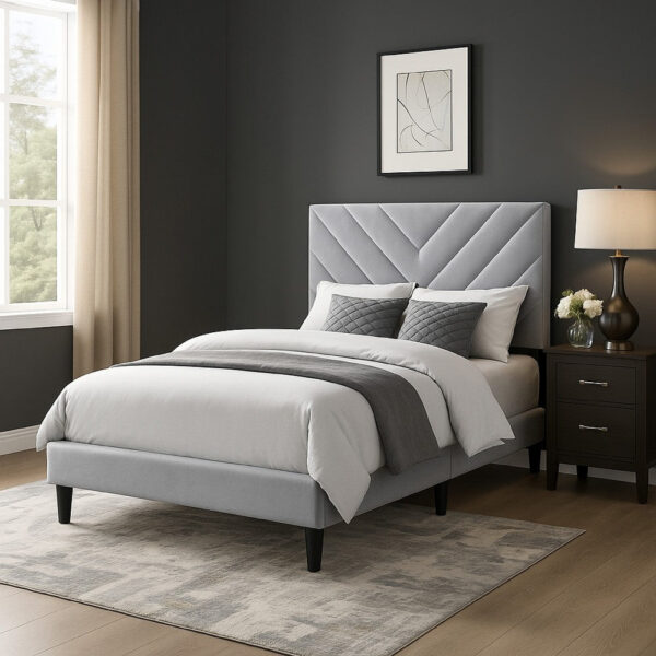 150220266992050929ad7.jpeg Lilian Full Size Bed, Tufted Gray Velvet Upholstery, Chevron Stitch