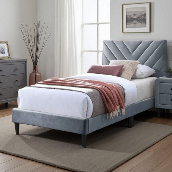 15022026699205225a5ae.jpeg Lilian Twin Size Bed, Tufted Gray Velvet Upholstery, Chevron Stitch