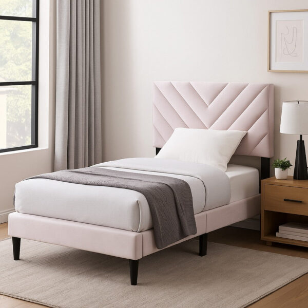 150220266992057b7debd.jpeg Lilian Twin Bed, Tufted Light Pink Velvet Upholstery, Chevron Stitch