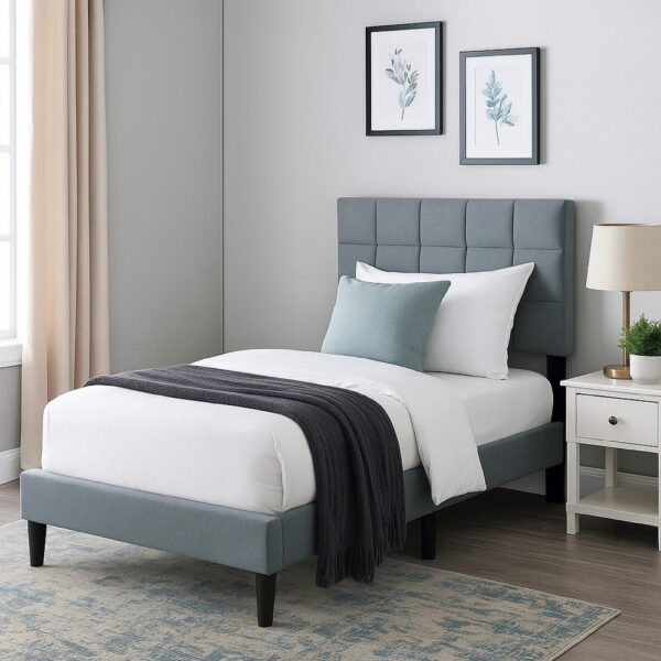 15022026699205c965dd3.jpeg Lilian Twin Bed, Tufted Gray Linen Upholstery, Biscuit Tufted Stitch