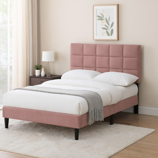 15022026699205deae862.jpeg Lilian Full Bed, Tufted Pink Linen Upholstery, Biscuit Tufted Stitch