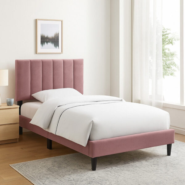 150220266992065303031.jpeg Lilian Full Size Bed, Blush Pink Linen Upholstery, Channel Tufted