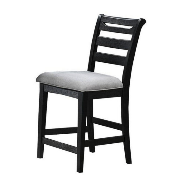 Remus Counter Height Chairs, Set of 2, Ladder Back, Black Embossed Wood, Gray Fabric