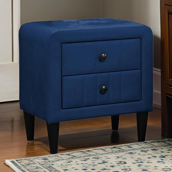 Rheo Nightstand, 2 Drawers, 22 Inch Upholstered in Navy Blue Velvet