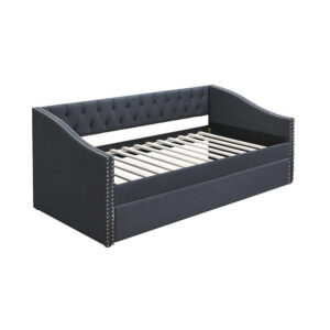 Daybed Sofa w Slats n Trundle Bed, Nailhead Trim, Charcoal Gray Fabric