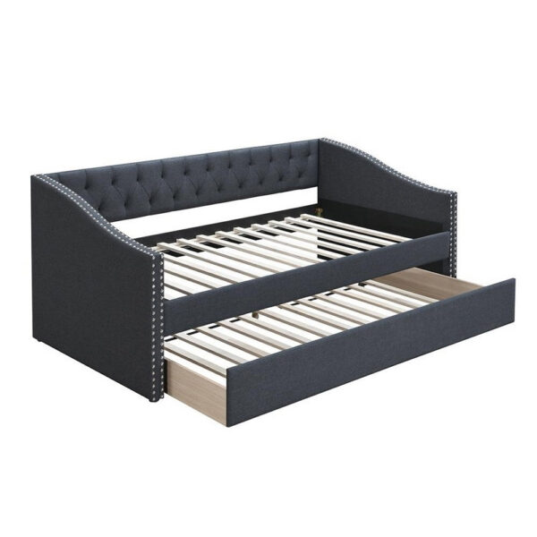 Daybed Sofa w Slats n Trundle Bed, Nailhead Trim, Charcoal Gray Fabric
