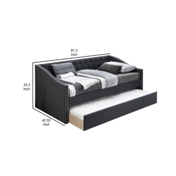 Daybed Sofa w Slats n Trundle Bed, Nailhead Trim, Charcoal Gray Fabric