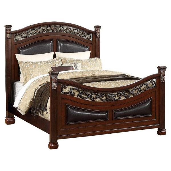 1502202669920759adb94.jpeg Meo Queen Size Bed, Padded Carved Dark Brown Faux Leather Upholstered