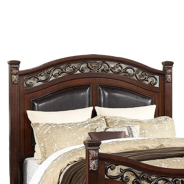150220266992076010e68.jpeg Meo Queen Size Bed, Padded Carved Dark Brown Faux Leather Upholstered