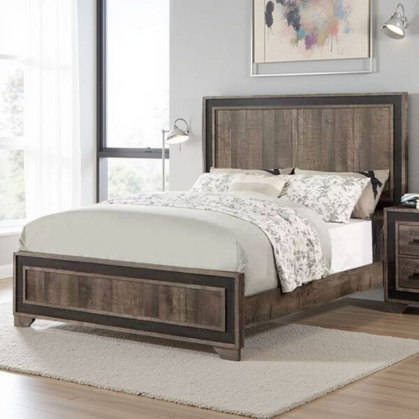 Modern Queen Size Bed w Tall Panel Headboard, Rustic Brown Wood