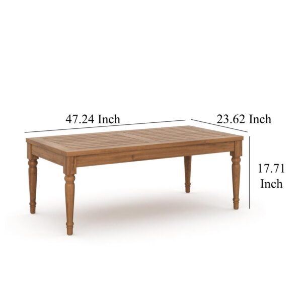 Pena Outdoor Coffee Table, 47 Inch Rectangular Slat Brown Acacia Wood