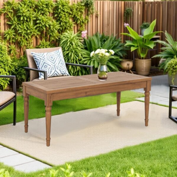 Pena Outdoor Coffee Table, 47 Inch Rectangular Slat Brown Acacia Wood