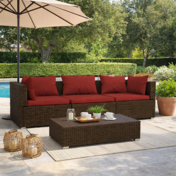 Faye 3pc Outdoor Modular Sectional Sofa Set, 3 Cushions, Red Brown