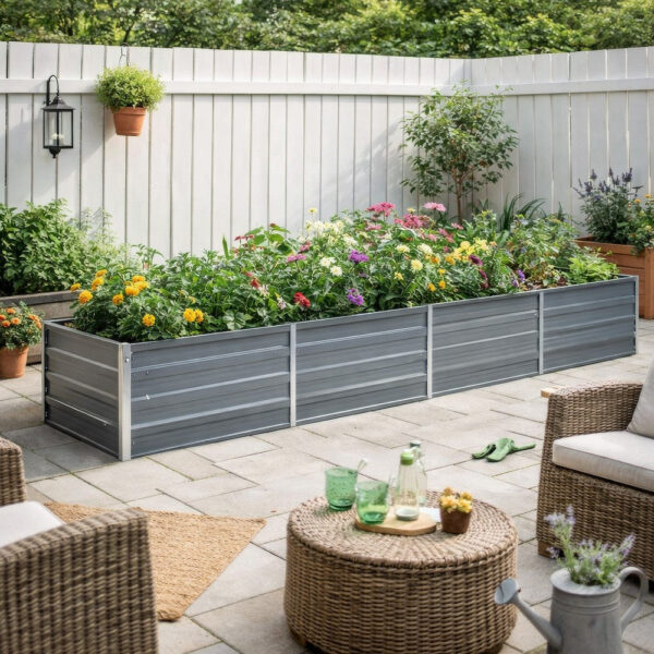 Raised Garden Flower Bed, 32 x 126 Galvanized Steel Gray, Rectangular
