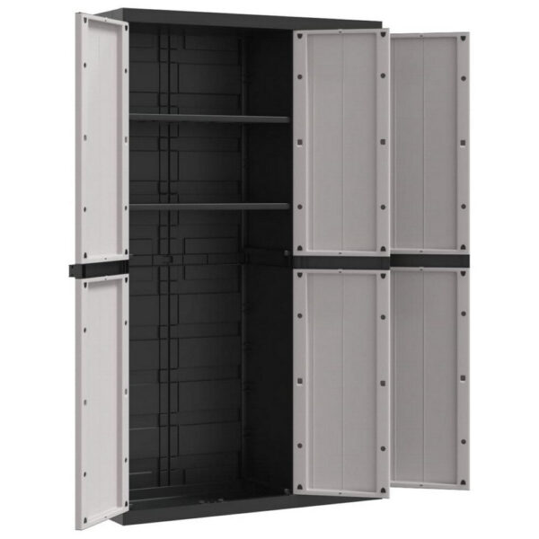 Kion Outdoor Storage Cabinet w 3 Doors, Shelves, 38 Inch Gray, Black