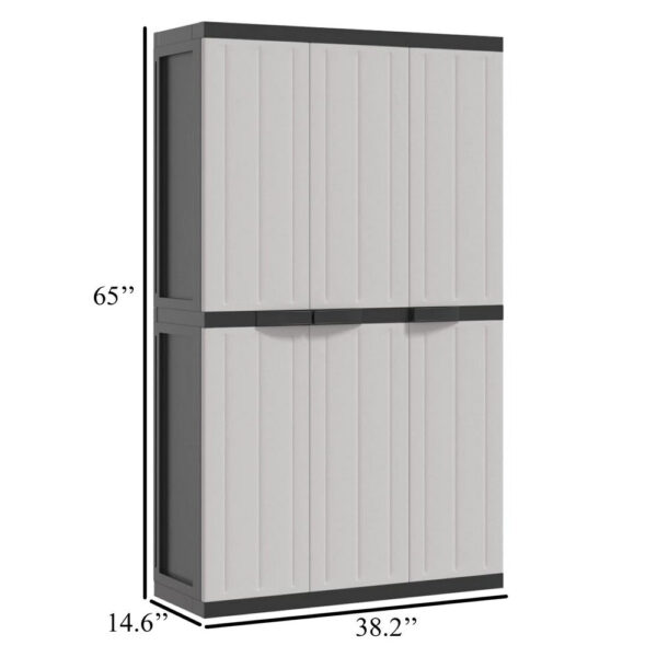 Kion Outdoor Storage Cabinet w 3 Doors, Shelves, 38 Inch Gray, Black