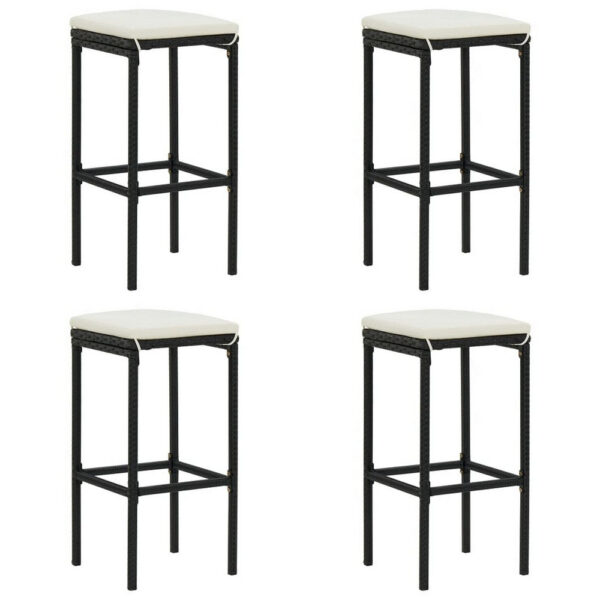 Outdoor Barstool Set of 4, Cream White Cushion, Black Poly Rattan