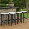 Outdoor Barstool Set of 4, Cream White Cushion, Black Poly Rattan