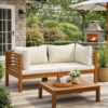 Luna 2pc Modular Outdoor Sofa, Cream 27 Inch Slatted Solid Acacia Wood