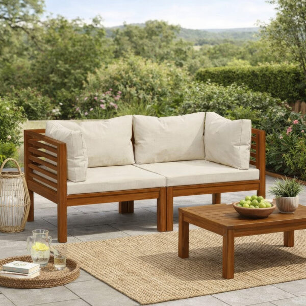 Luna 2pc Modular Outdoor Sofa, Cream 27 Inch Slatted Solid Acacia Wood
