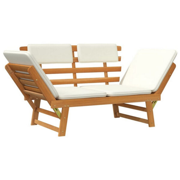 Outdoor Bench, Folding 2 in 1 Style, White Cushions, Brown Acacia Wood