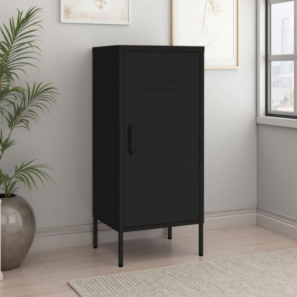 Tall Storage Cabinet, 1 Door, 2 Shelves, Modern Matte Black Steel
