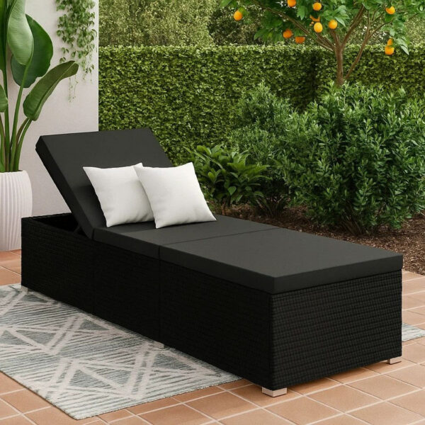 Outdoor Chaise Sun Lounger with Cushion, 77 Inch Black Poly Rattan