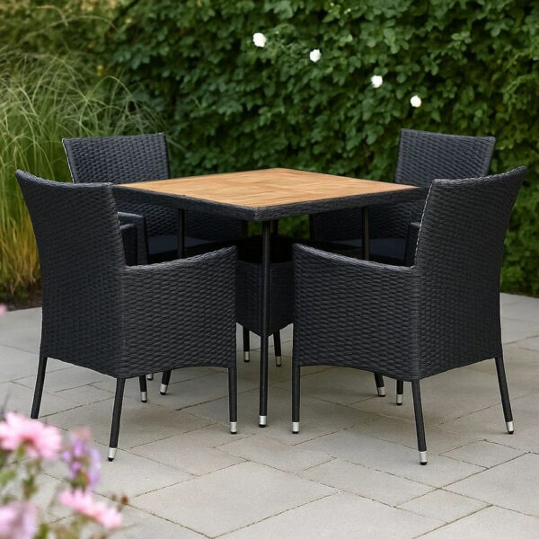 150220266992094f77ffe.jpeg Outdoor Dining Table, 31 Inch Square Acacia Wood Top Black Rattan Base