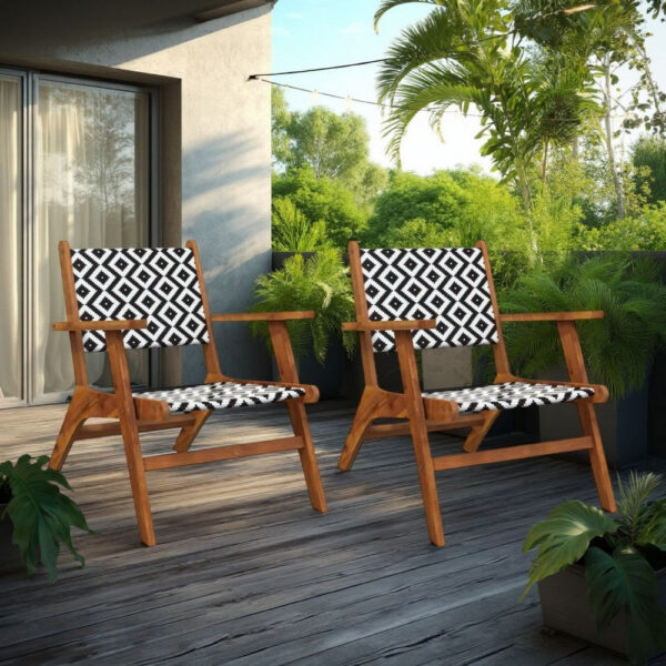 Outdoor Set of 2, Black White Print, Brown Solid Acacia Wood