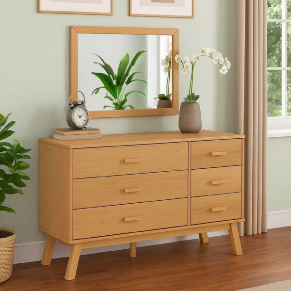 Sideboard Cabinet Dresser, 6 Drawers, Modern 44 Inch Brown Solid Wood