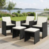 Outdoor Set of 4 with White Cushions, Black Rattan Woven Frame