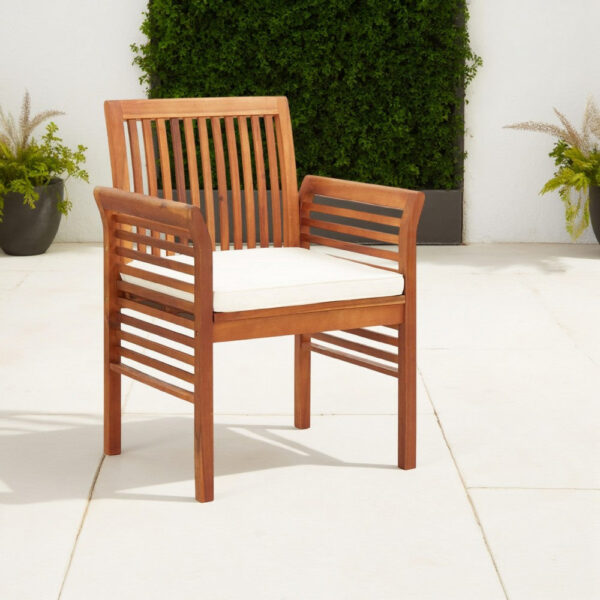 Kim Outdoor Dining Set of 2, Brown Acacia Wood, Cream Cushions