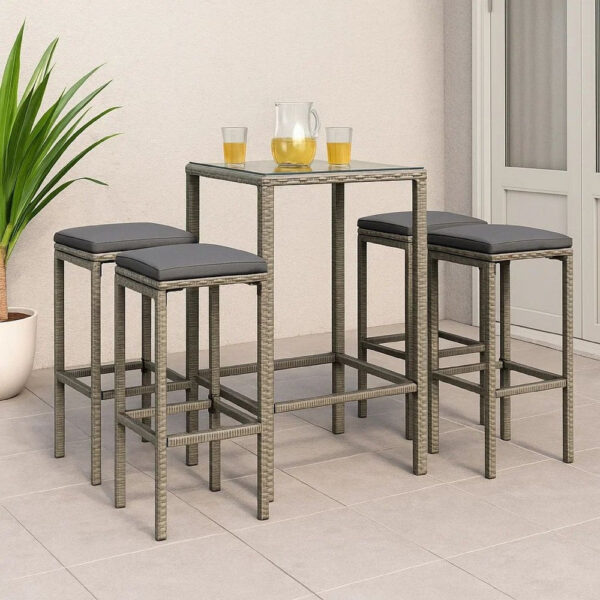 Vian Outdoor Barstool Set of 4, Gray Poly Rattan and Polyester Seats