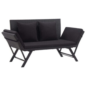 Outdoor Loveseat Bench, Black Fabric Cushions, Rattan, Steel, 51 Inch